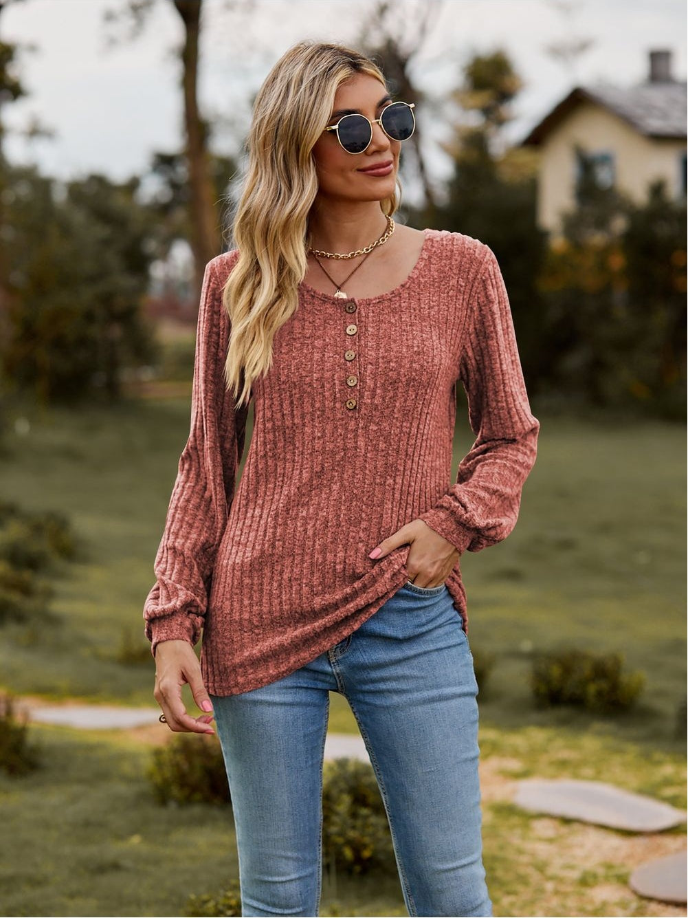 Women Round Neck Button-Down Long Sleeve Tee nicholesgifts