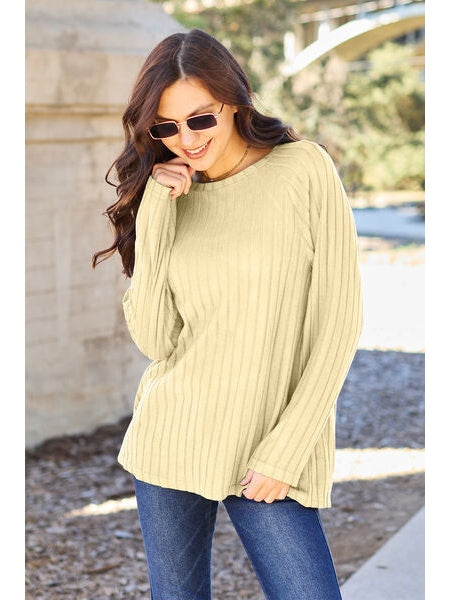 Women Basic Full Size Ribbed Round Neck Long Sleeve Knit Top nicholesgifts