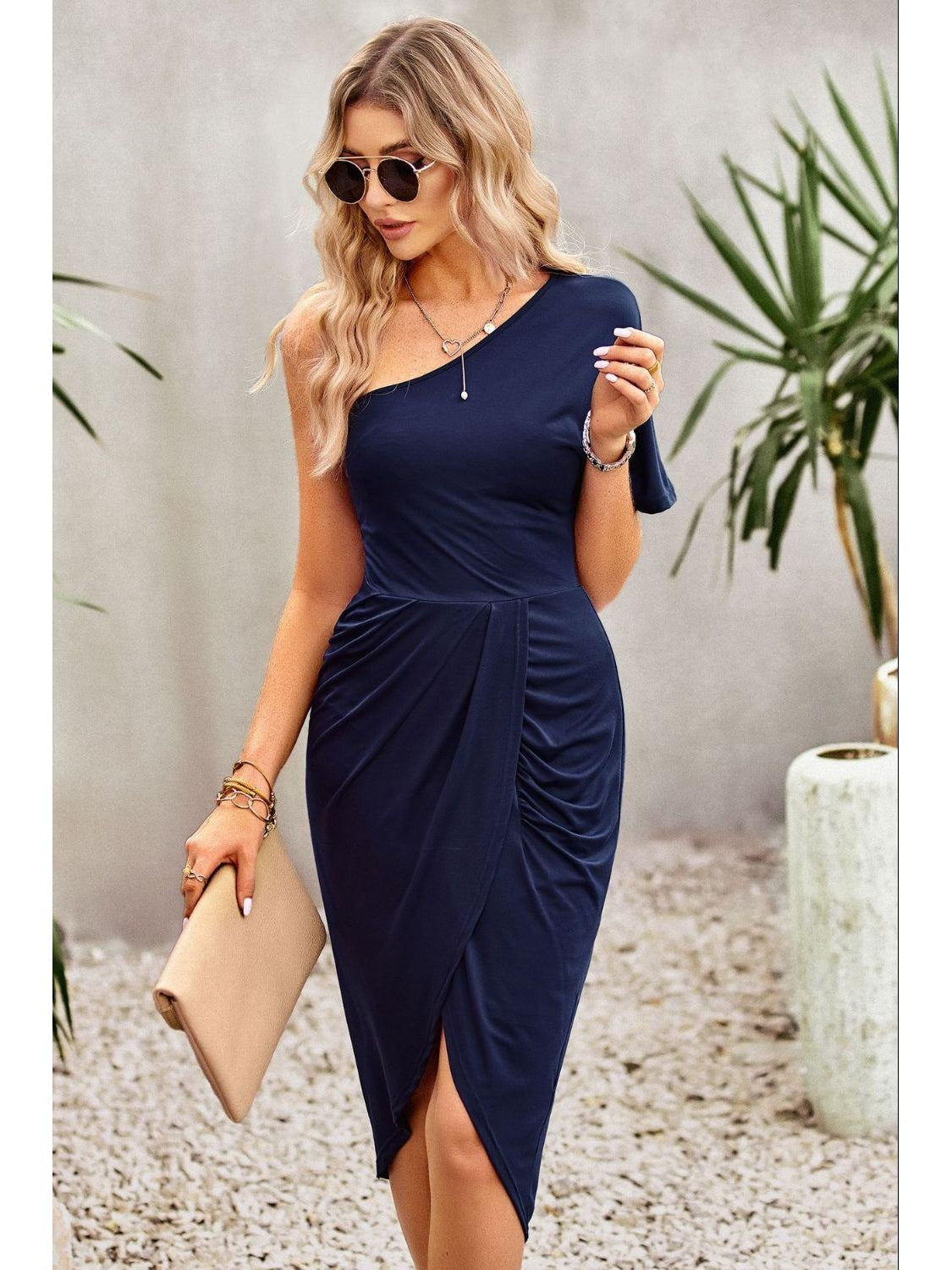 Women Ruched One-Shoulder Tulip Hem Dress nicholesgifts