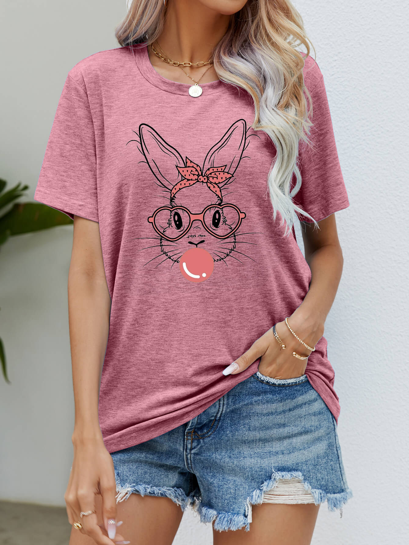 Women Easter Bunny Graphic Round Neck T-Shirt nicholesgifts