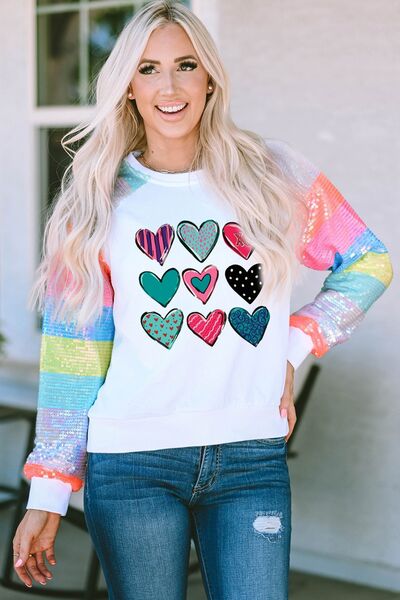 Women Heart Graphic Sequin Long Sleeve Valentine's Day Sweatshirt nicholesgifts