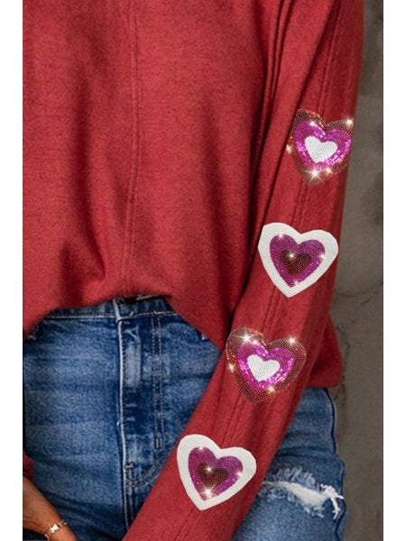 Women Heart Sequin Round Neck Long Sleeve Valentine's Day T-Shirt nicholesgifts