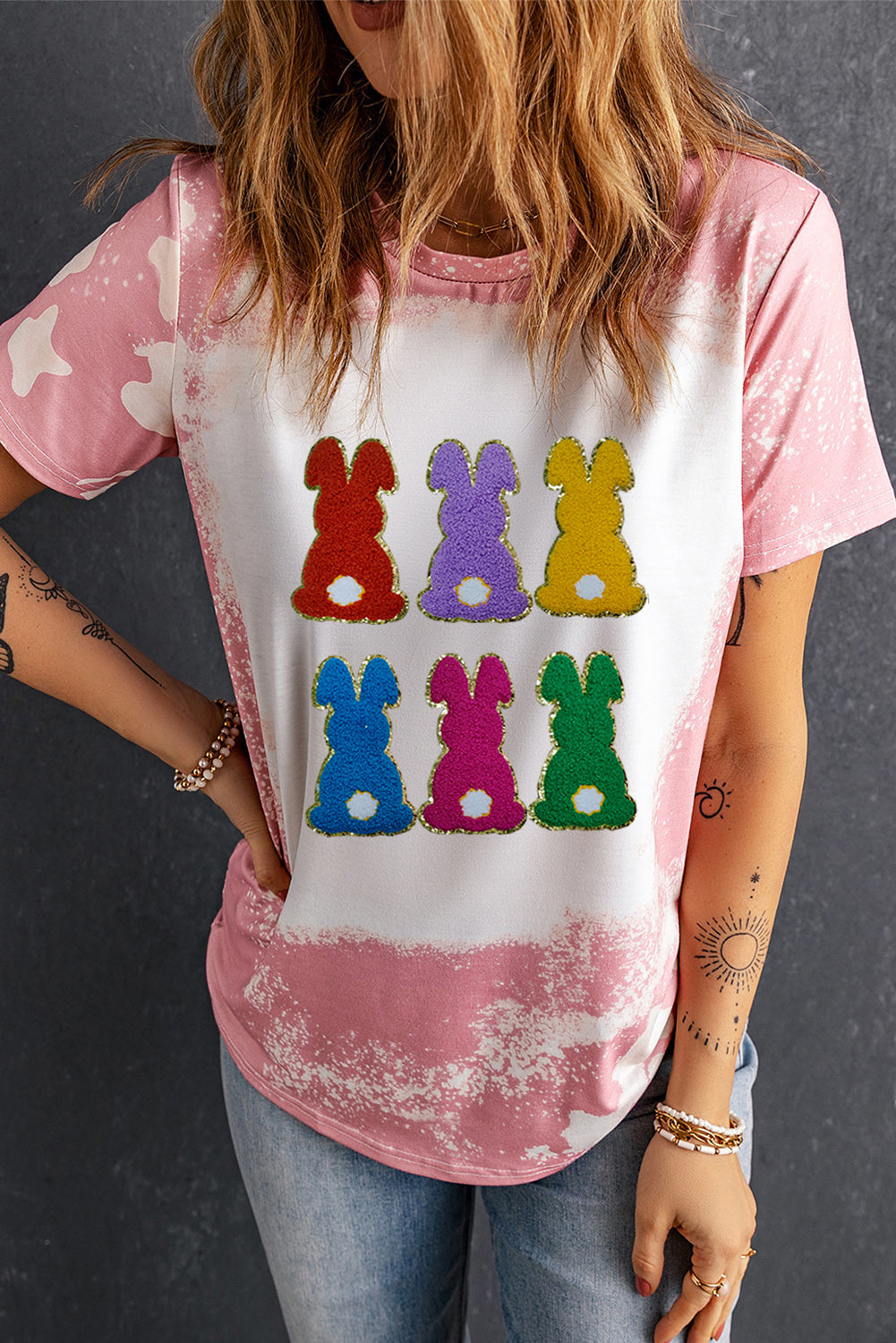 Women Rabbit Round Neck Short Sleeve Easter T-Shirt nicholesgifts