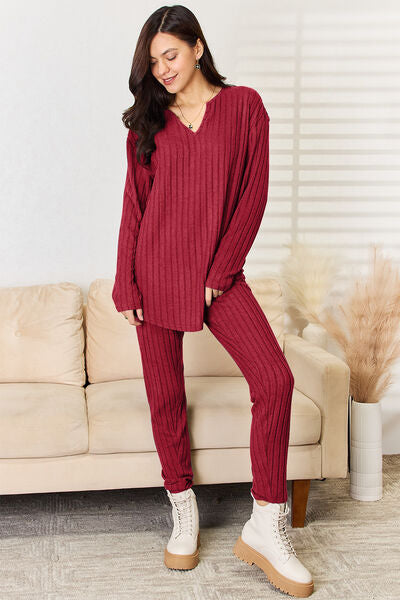 Women Full Size Notched Long Sleeve Top and Pants Set nicholesgifts