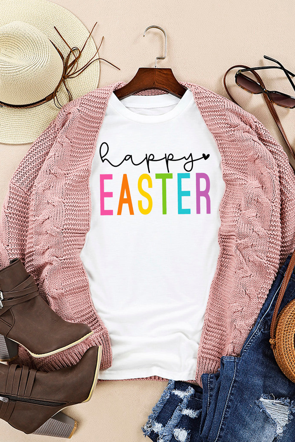 Women Happy Easter Round Neck Short Sleeve T-Shirt nicholesgifts