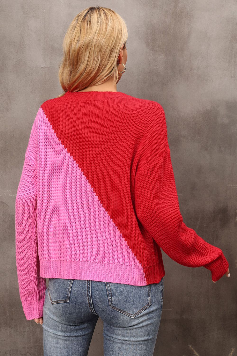 Women Two-Tone Round Neck Dropped Shoulder Sweater nicholesgifts