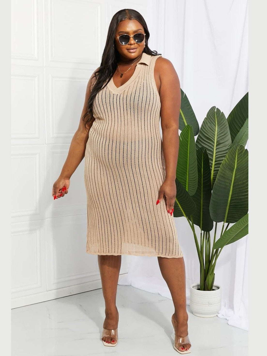 Women Openwork Johnny Collar Cover Up Dress nicholesgifts