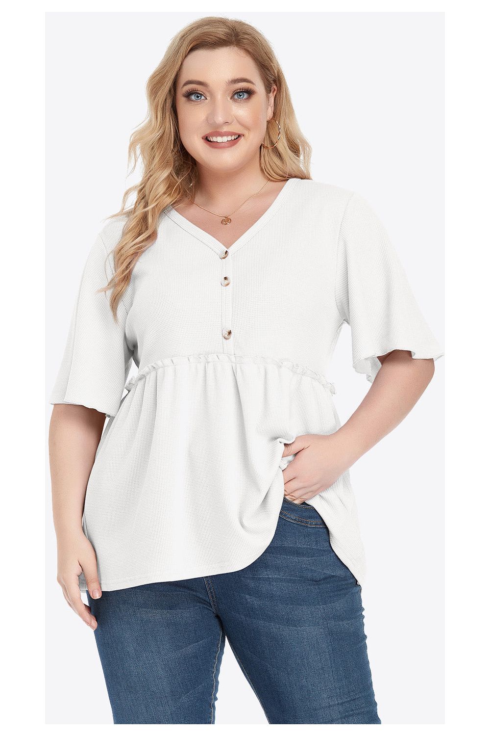 Plus Size Women Buttoned V-Neck Frill Trim Babydoll Blouse nicholesgifts