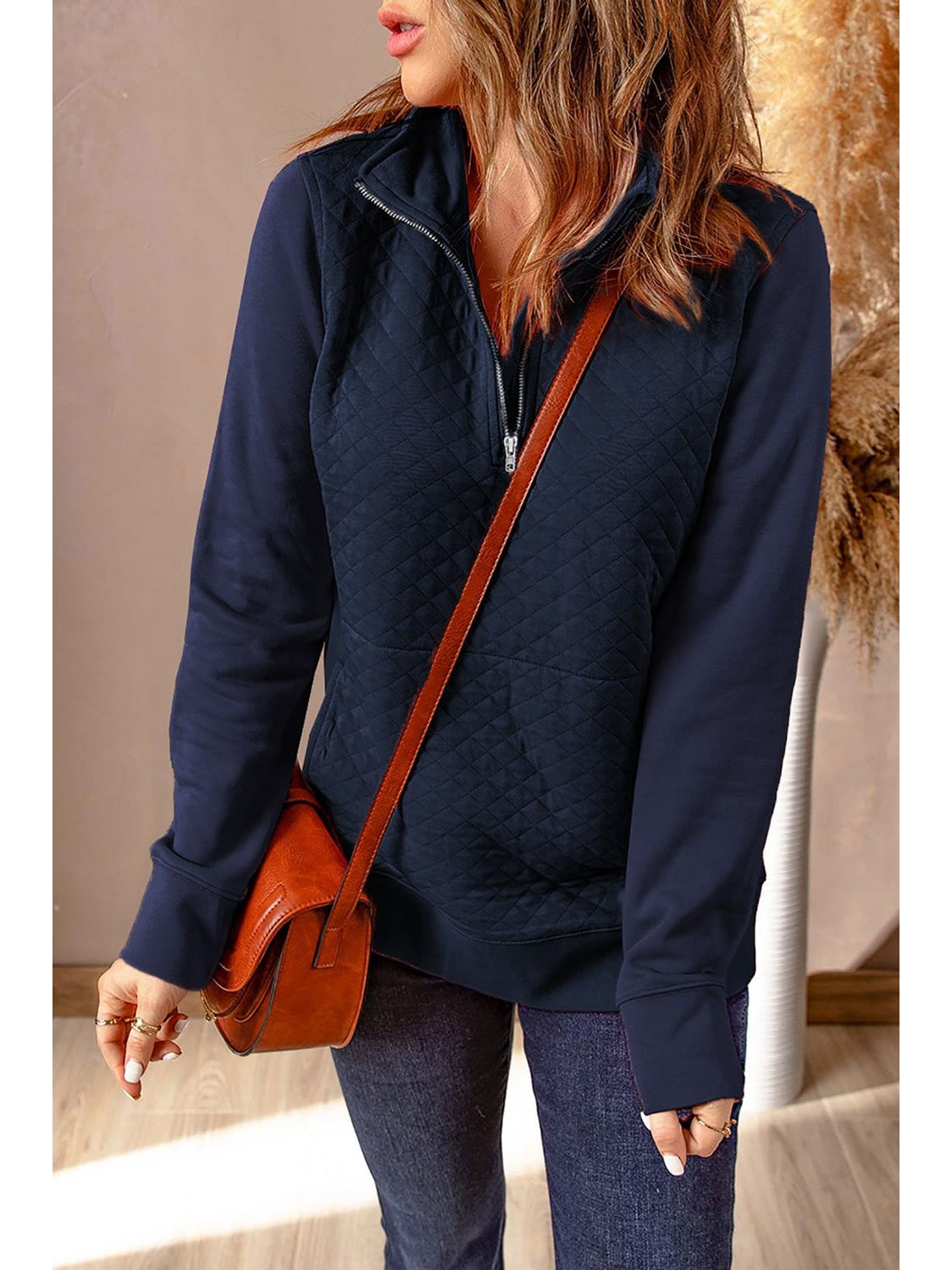 Women Quarter-Zip Quilted Sweatshirt with Kangaroo Pocket nicholesgifts