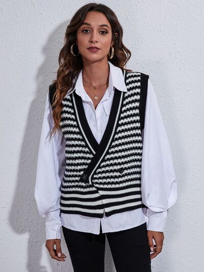 Women Striped Button Up V-Neck Sweater Vest nicholesgifts