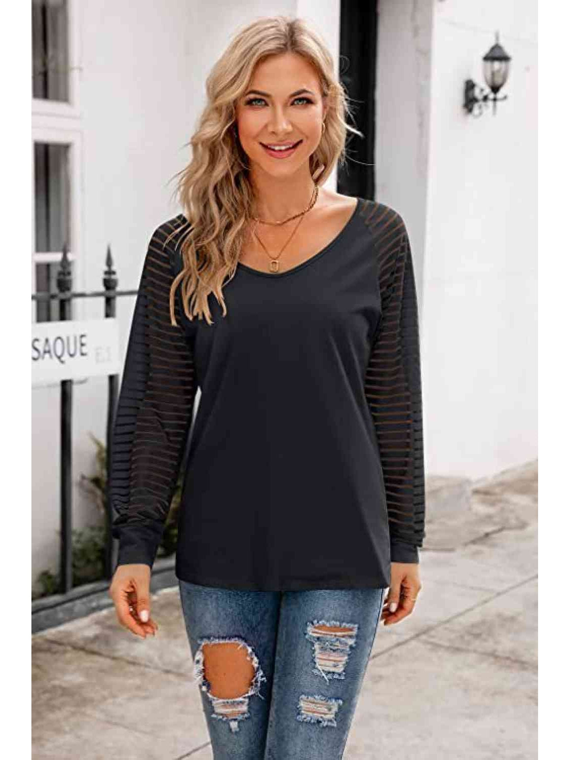 Women V-Neck Long Raglan Sleeve Top nicholesgifts