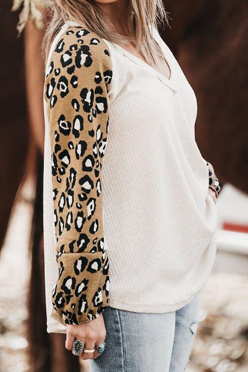 Women Plus Size Long Sleeve Leopard V-Neck Raglan Sleeve Blouse nicholesgifts