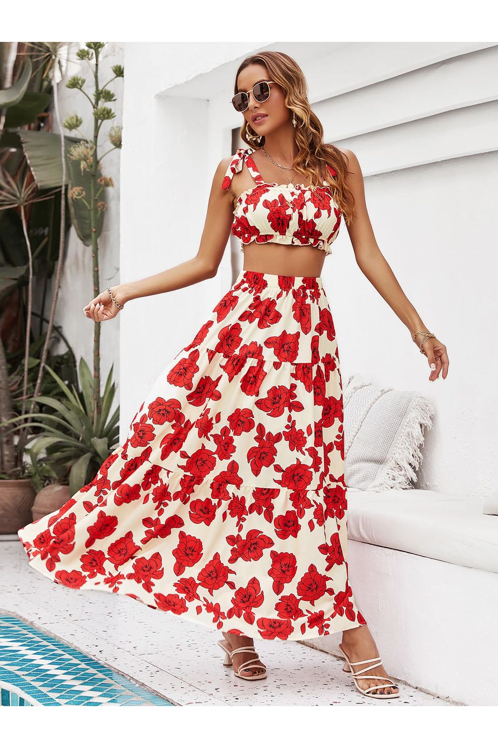 Women Floral Tie Shoulder Top and Tiered Maxi Skirt Set nicholesgifts