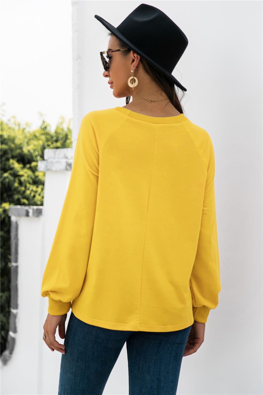 Women Round Neck Raglan Yellow Long Sleeve Sweatshirt