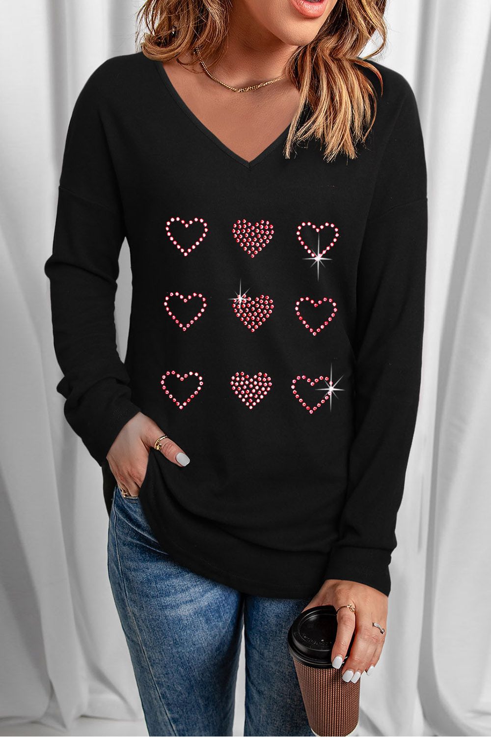 Women Heart V-Neck Long Sleeve Tee nicholesgifts