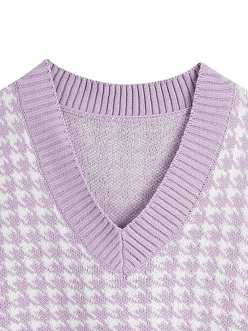 Women Houndstooth V-Neck Sweater Vest nicholesgifts