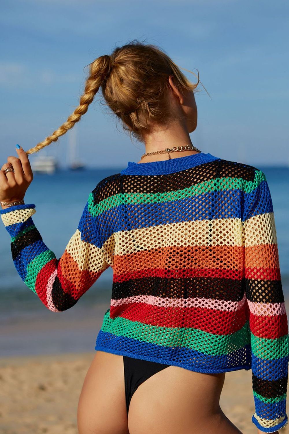 Women Rainbow Stripe Openwork Long Sleeve Cover-Up