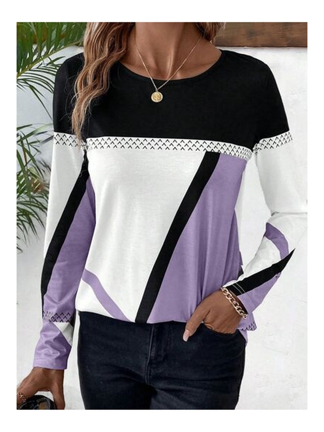 Women Contrast Round Neck Long Sleeve T-Shirt nicholesgifts