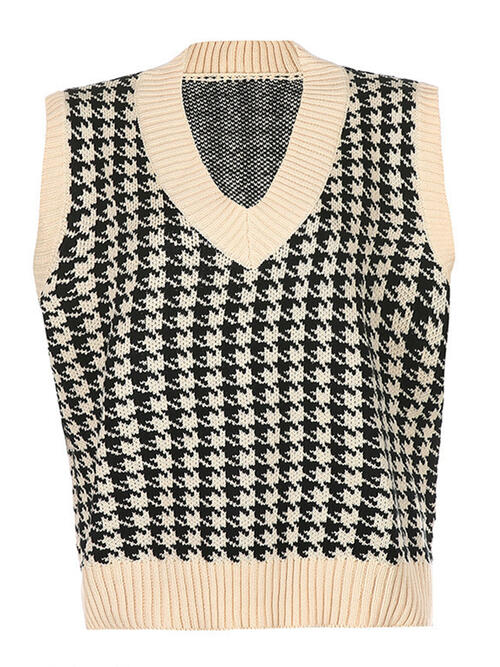 Women Houndstooth V-Neck Sweater Vest nicholesgifts