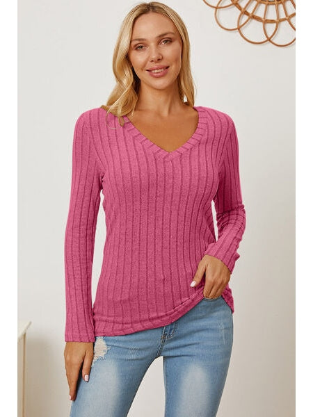 Women Basic Full Size Ribbed V-Neck Long Sleeve T-Shirt nicholesgifts