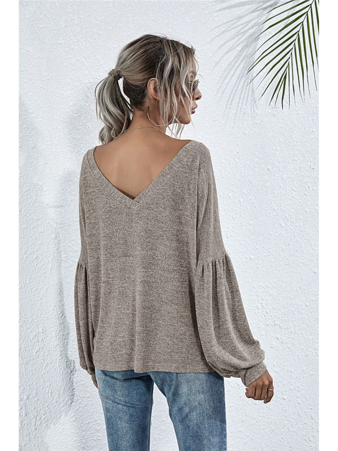 Women V-Neck Long Sleeve Dropped Shoulder Knit Top nicholesgifts