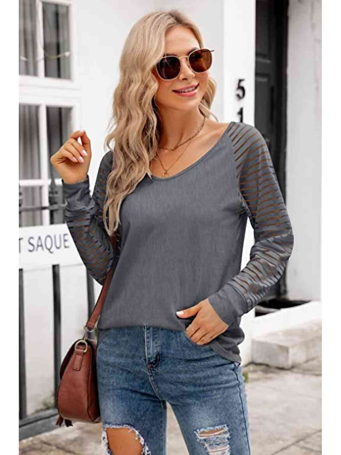 Women V-Neck Long Raglan Sleeve Top nicholesgifts