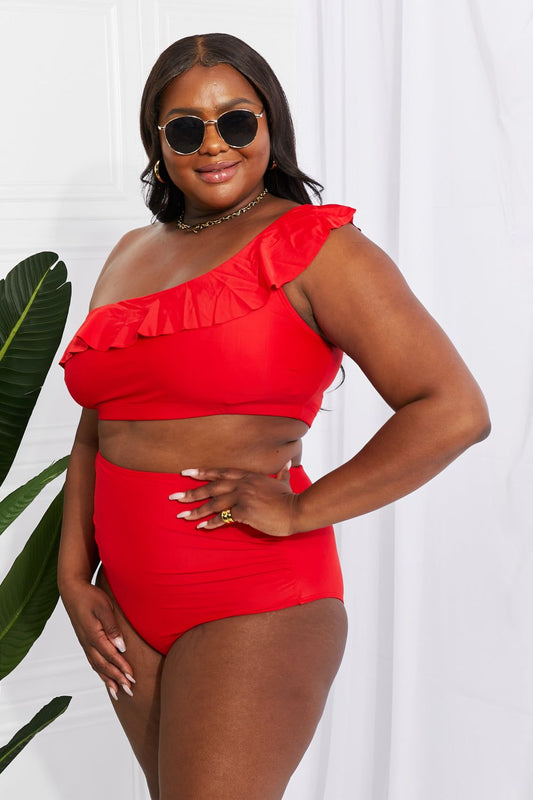 Women Marina West Swim Seaside Romance Ruffle One-Shoulder Bikini in Red
