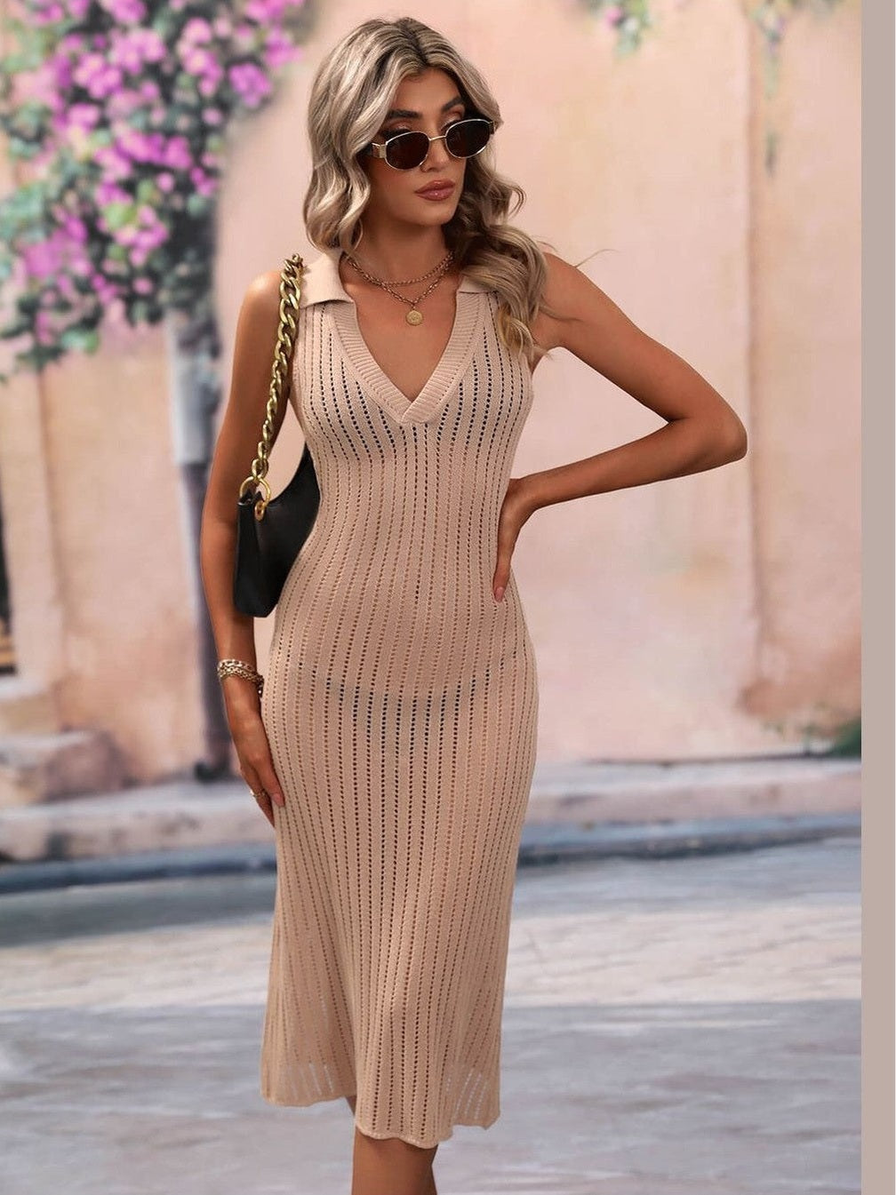 Women Openwork Johnny Collar Cover Up Dress nicholesgifts