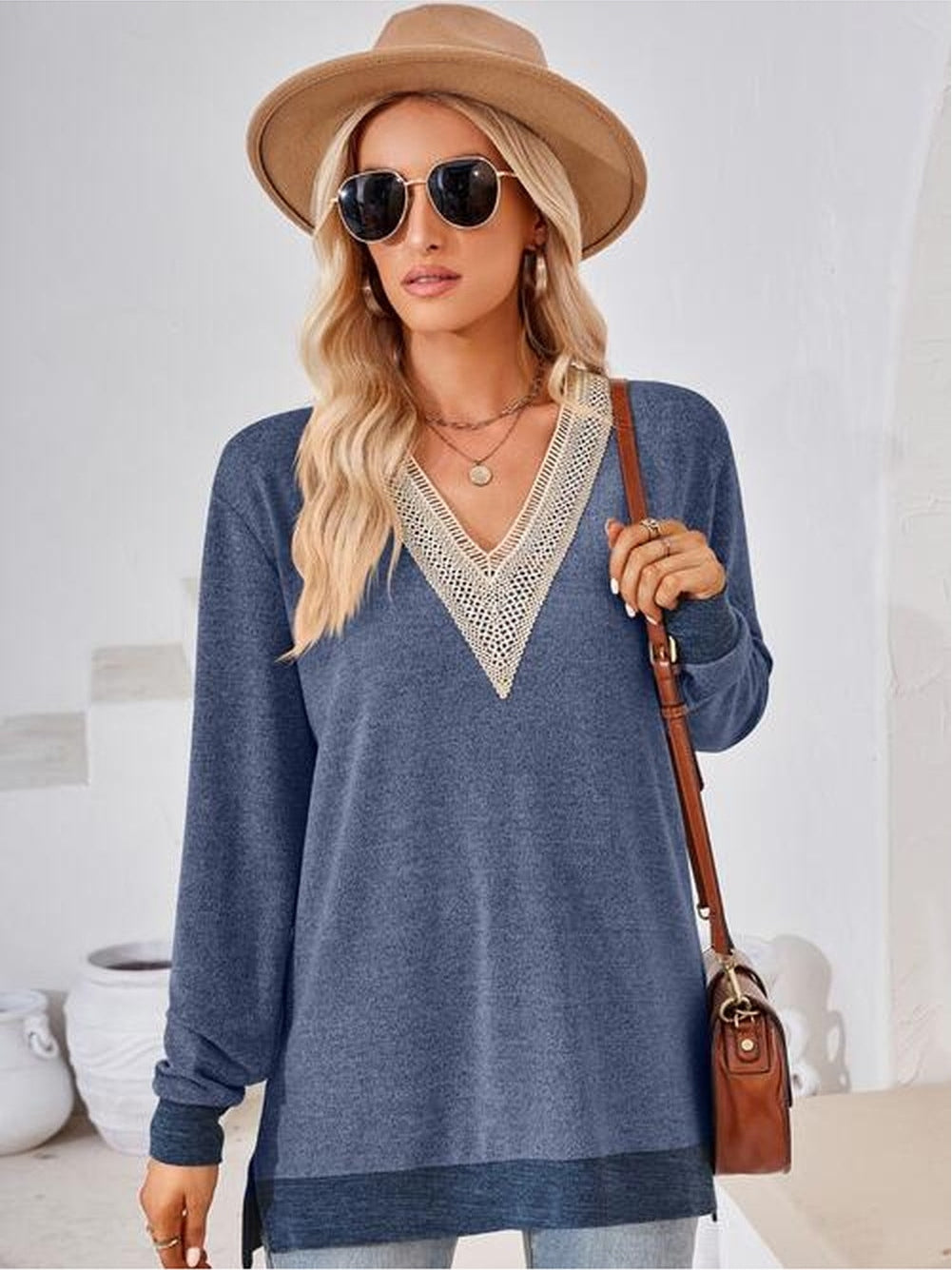 Women Crochet Contrast V-Neck Long Sleeve Slit T-Shirt nicholesgifts