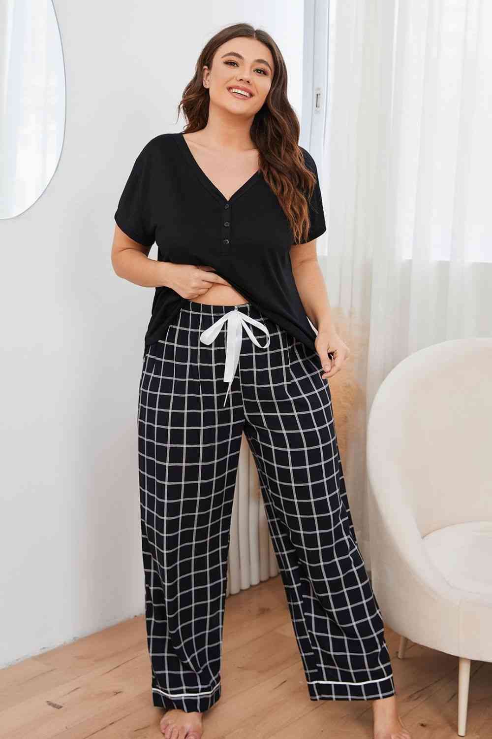 Women Plus Size V-Neck Top and Plaid Pants Lounge Set nicholesgifts