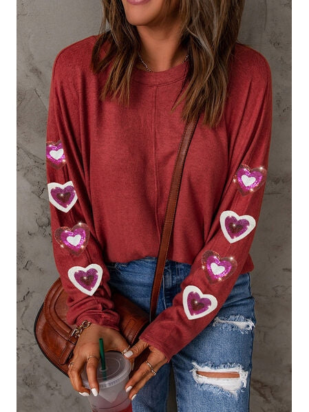 Women Heart Sequin Round Neck Long Sleeve Valentine's Day T-Shirt nicholesgifts