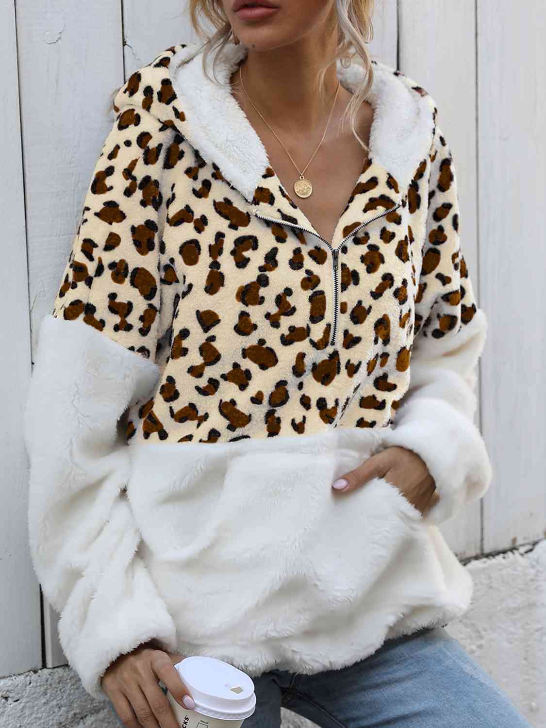 Women Leopard Half-Zip Dropped Shoulder Hoodie nicholesgifts