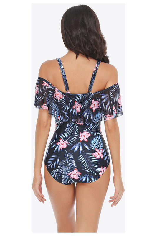 Women Botanical Print Cold-Shoulder Layered One-Piece Swimsuit