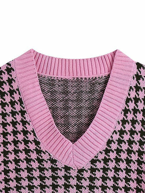 Women Houndstooth V-Neck Sweater Vest nicholesgifts