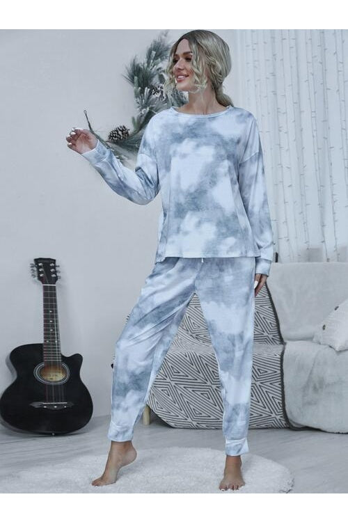 Women Tie-dye Round Neck Top and Drawstring Pants Lounge Set nicholesgifts