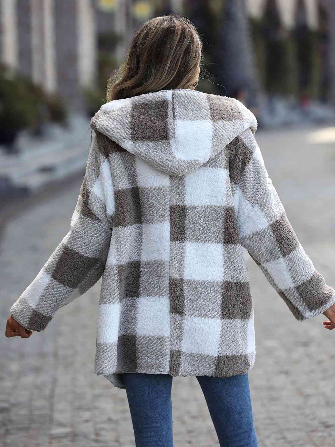 Women Plaid Open Front Hooded Coat nicholesgifts