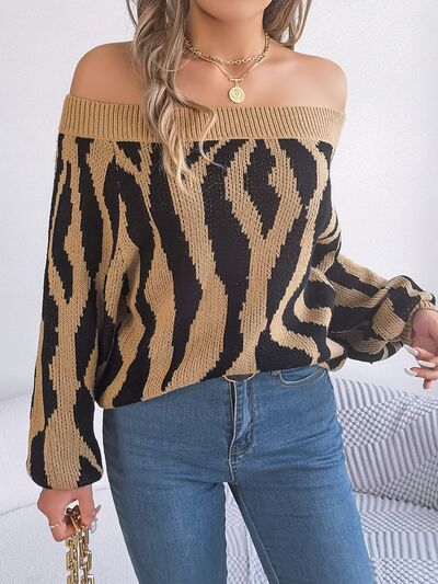 Women Off-Shoulder Animal Print Long Sleeve Sweater nicholesgifts