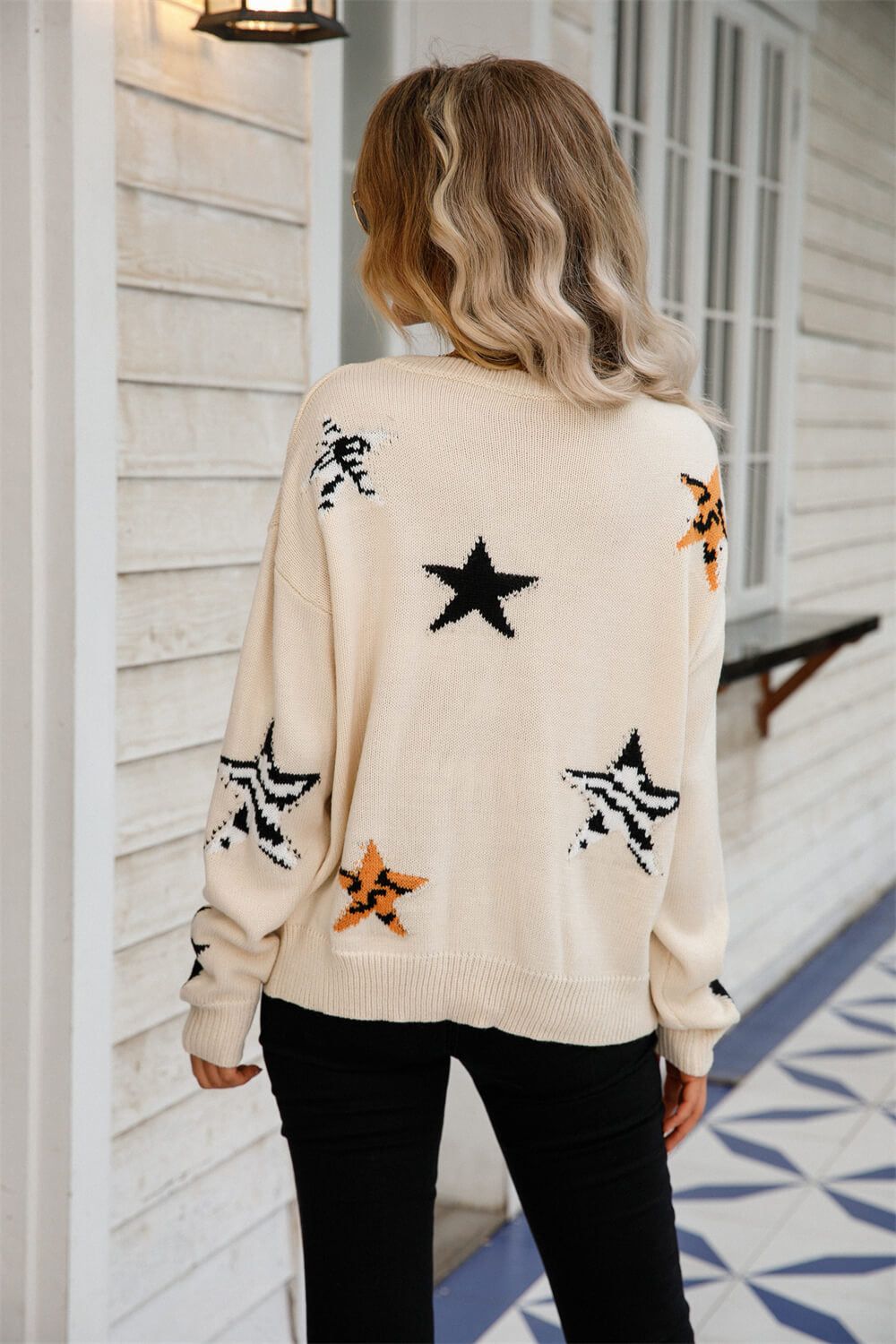 Women Star Pattern Round Neck Dropped Shoulder Sweater nicholesgifts