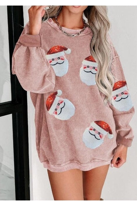 Women Sequin Santa Patch Ribbed Christmas Sweatshirt nicholesgifts