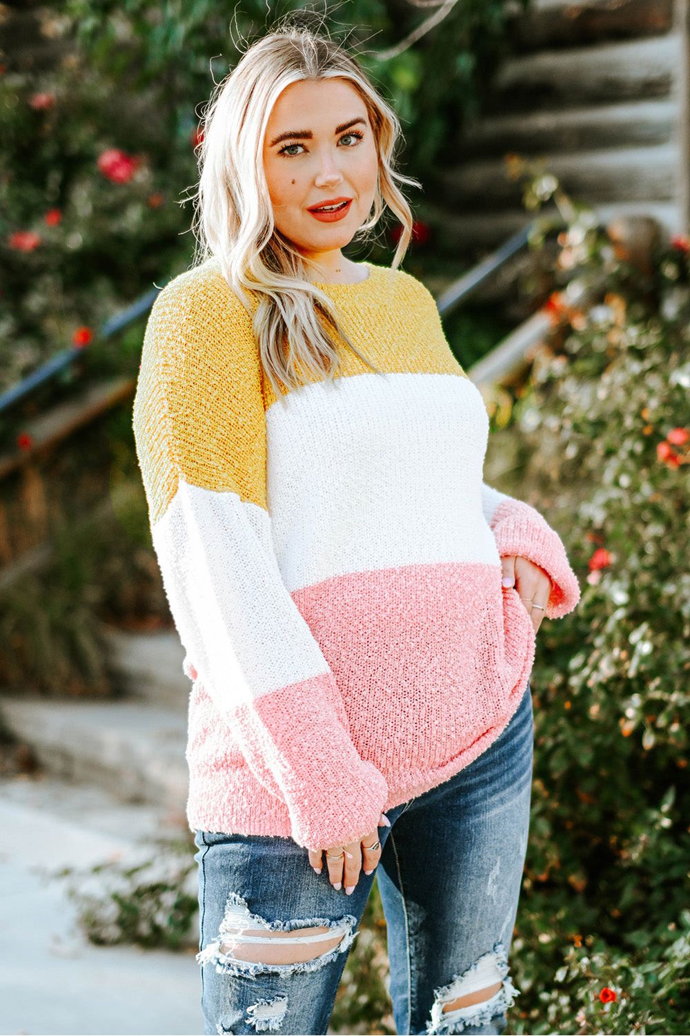Plus Size Women Color Block Round Neck Sweater - NicholesGifts.online