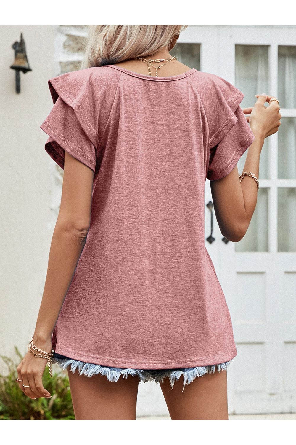 Women Layered Flutter Short Sleeve V-Neck Top nicholesgifts