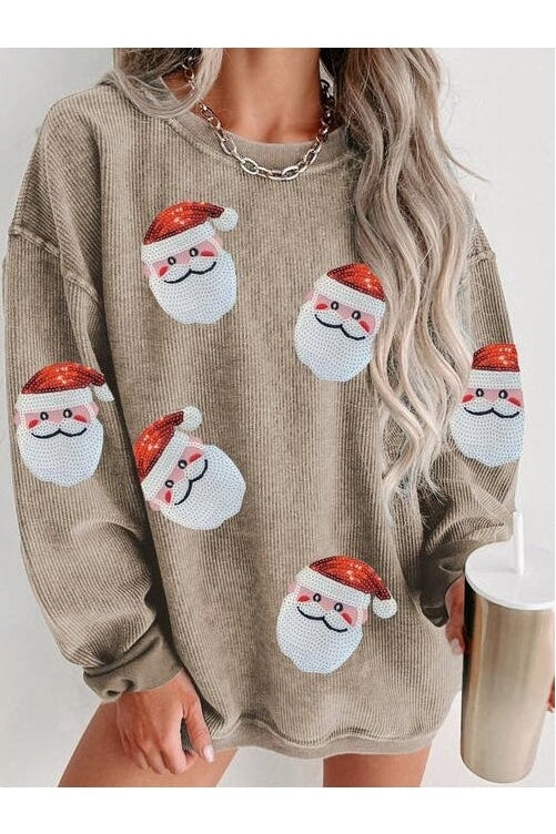 Women Sequin Santa Patch Ribbed Christmas Sweatshirt nicholesgifts