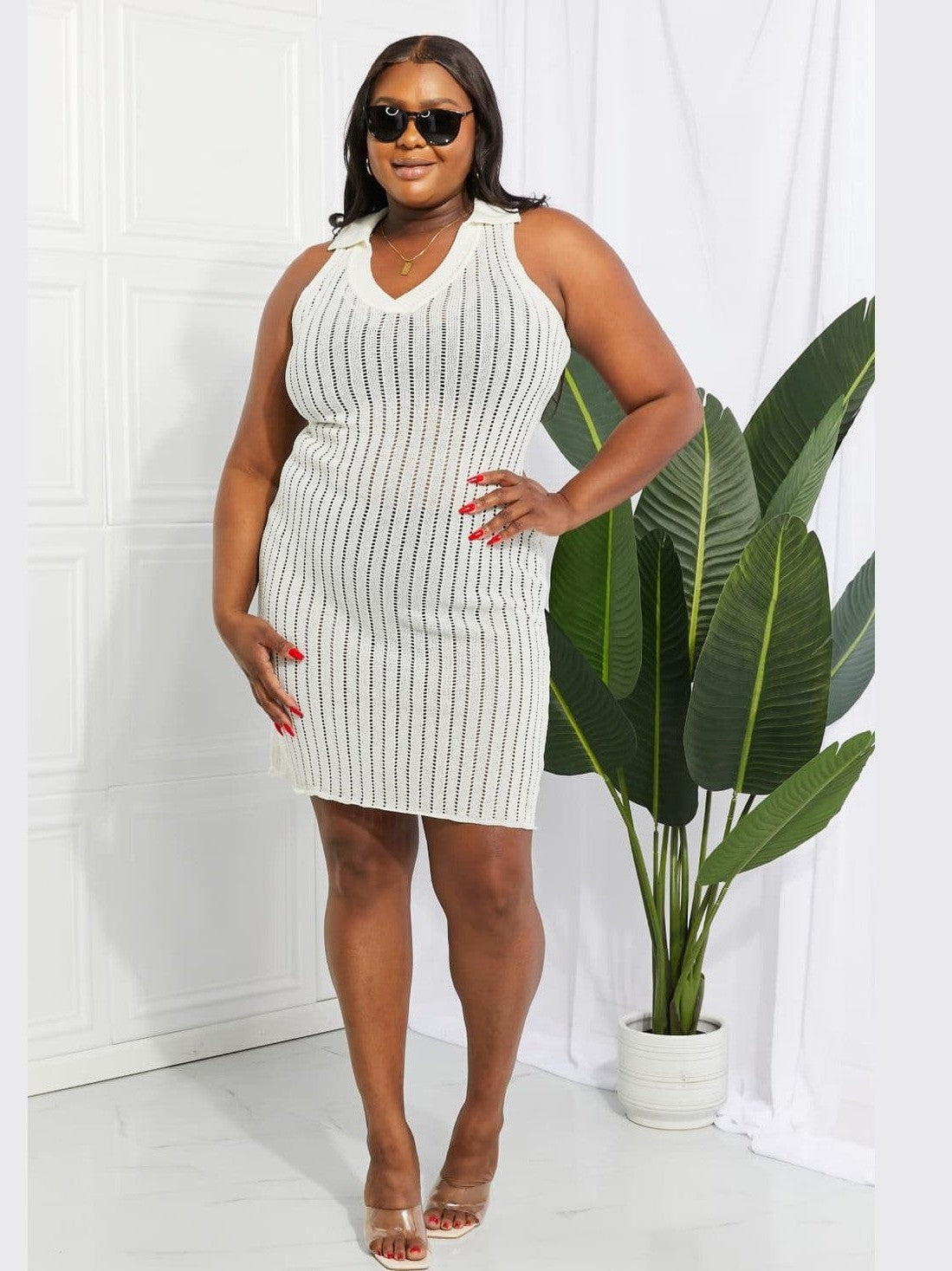 Women Openwork Johnny Collar Cover Up Dress nicholesgifts