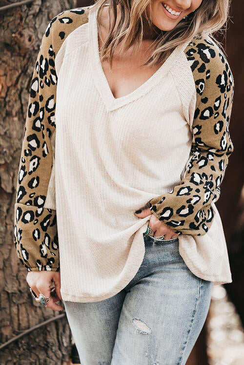 Women Plus Size Long Sleeve Leopard V-Neck Raglan Sleeve Blouse nicholesgifts