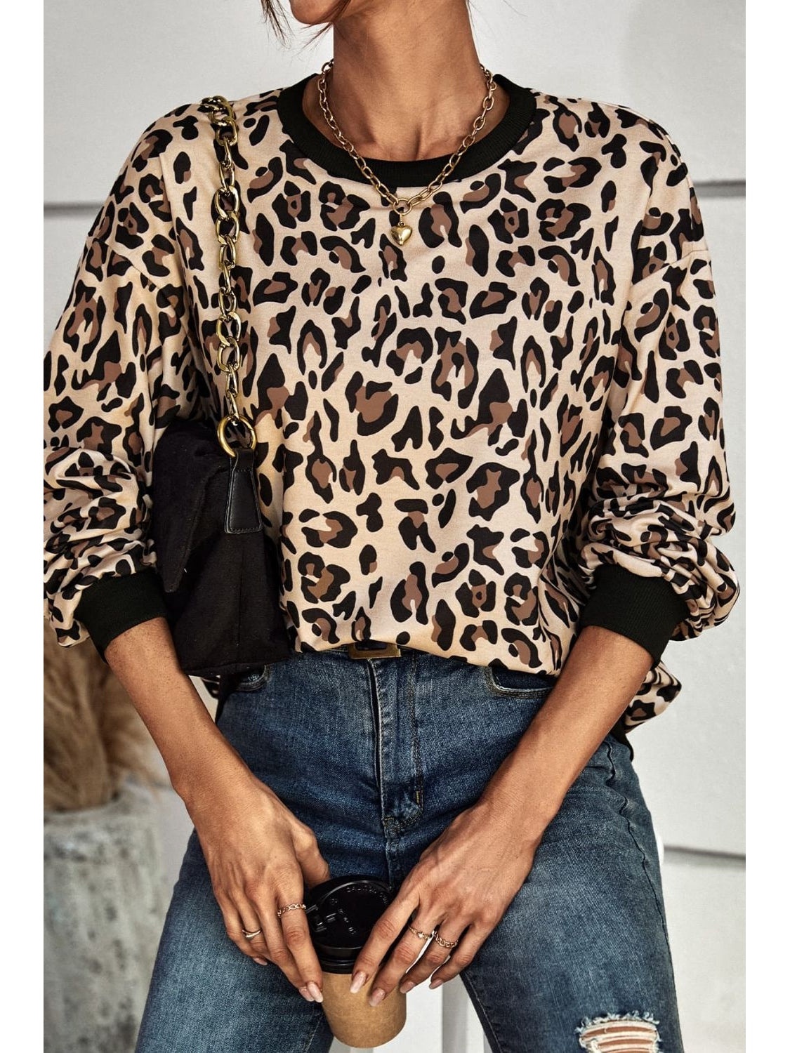 Women Leopard Round Neck Dropped Shoulder Sweatshirt nicholesgifts