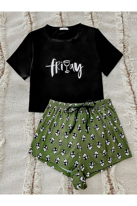 Women Graphic Tee and Panda Print Shorts Lounge Set nicholesgifts