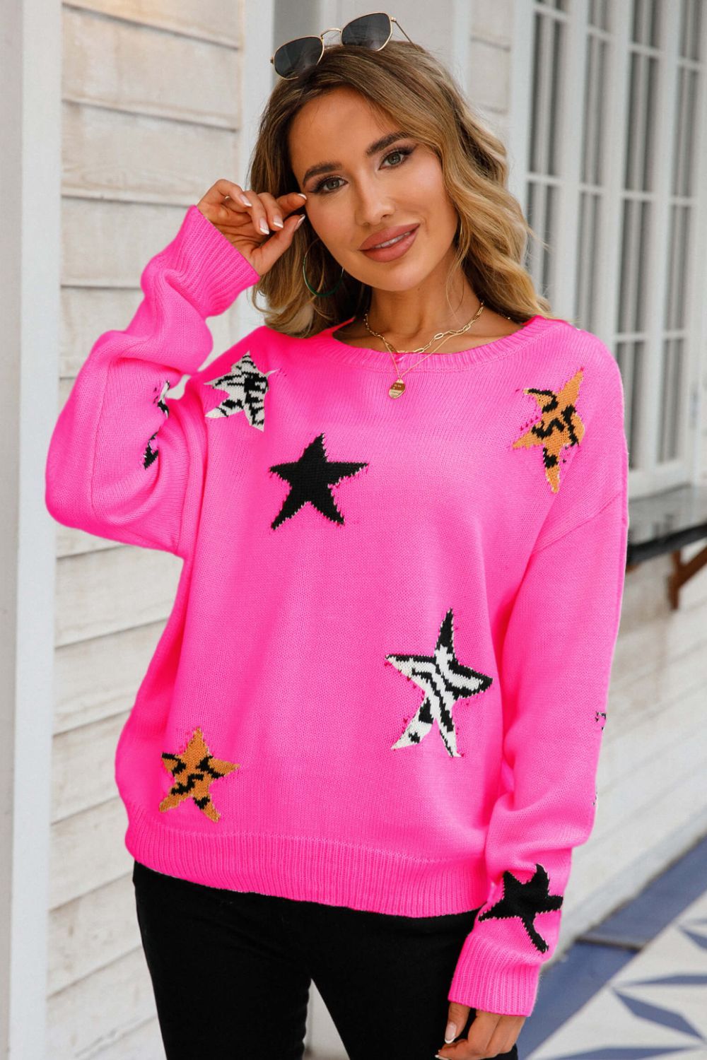 Women Star Pattern Round Neck Dropped Shoulder Sweater nicholesgifts