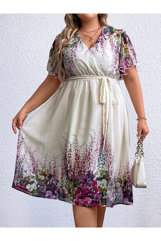 Plus Size Women Floral Tie Waist Surplice Neck Dress - NicholesGifts.online