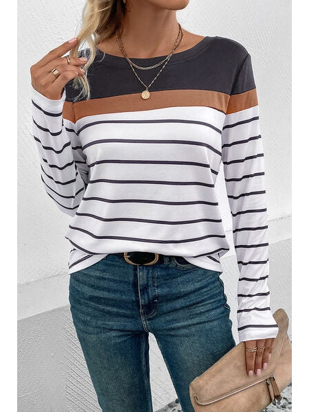 Women Striped Round Neck Long Sleeve T-Shirt nicholesgifts