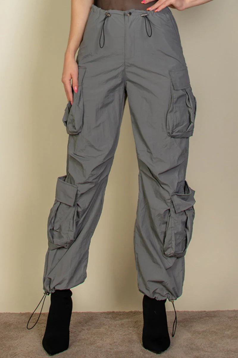 Women Flap Pockets Drawstring Ruched Parachute Pants nicholesgifts